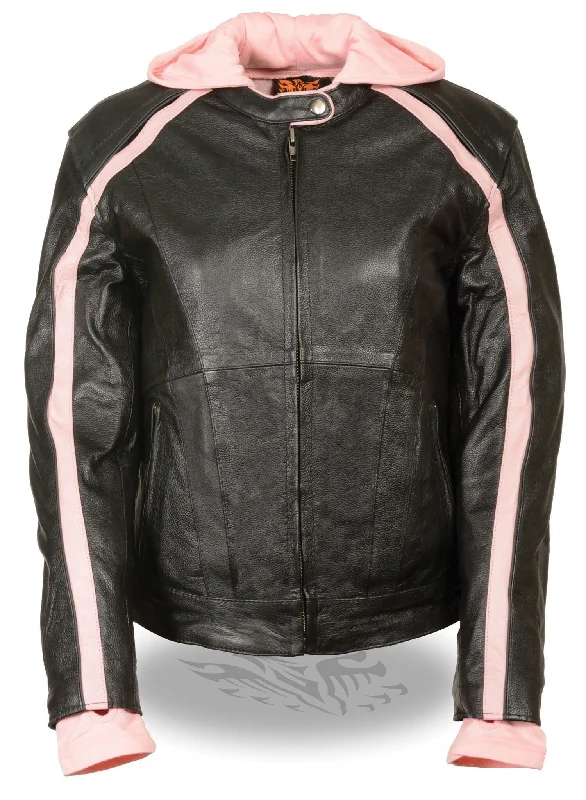 Milwaukee Leather SH1951 Women's Black and Pink Striped Leather Jacket Ribbed Striped Patterned