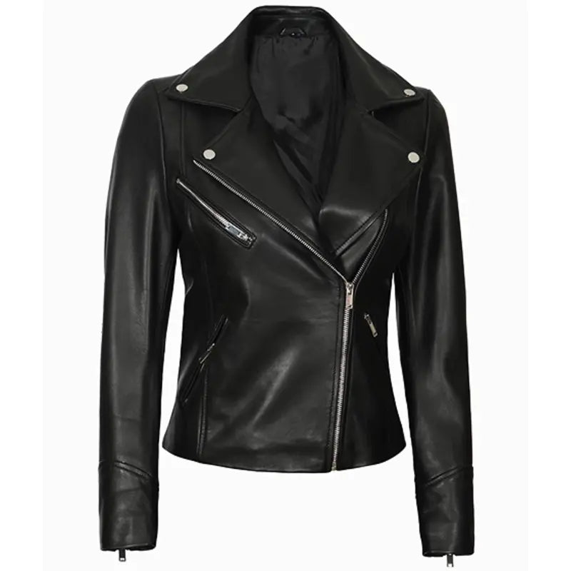 Motorcycle Black Leather Women's Jacket Satin Fabric Silk Fabric Chiffon Fabric