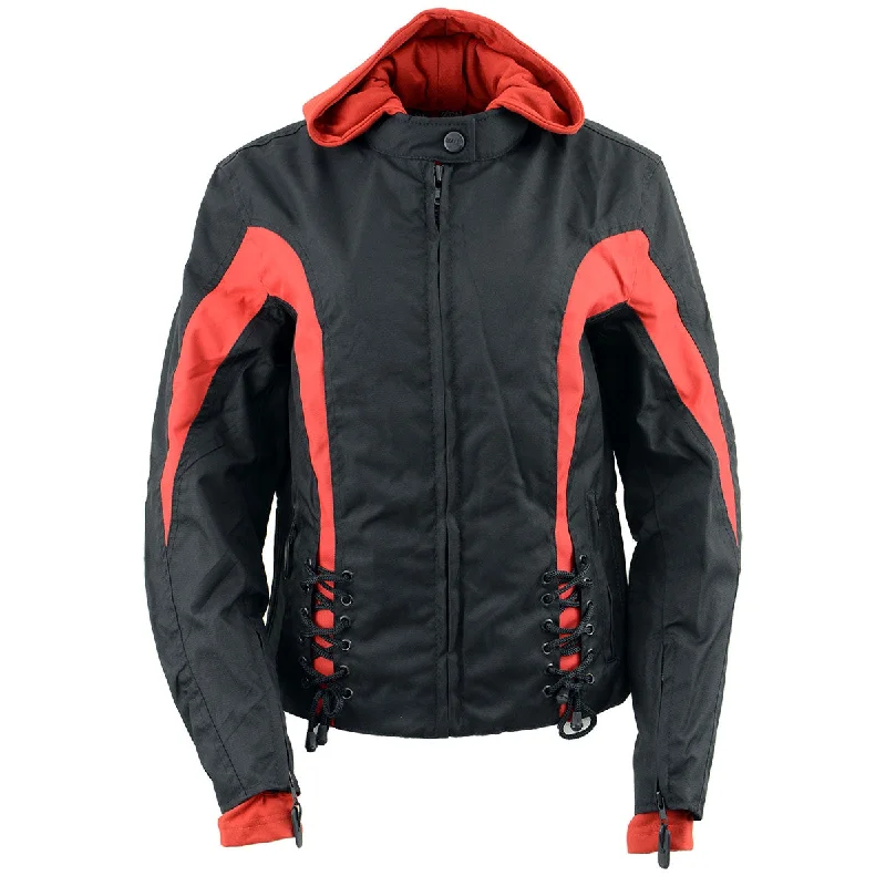 NexGen SH1998 Ladies Red and Black Textile Racer Jacket with Removable Mesh Blend Leather Blend Suede Blend