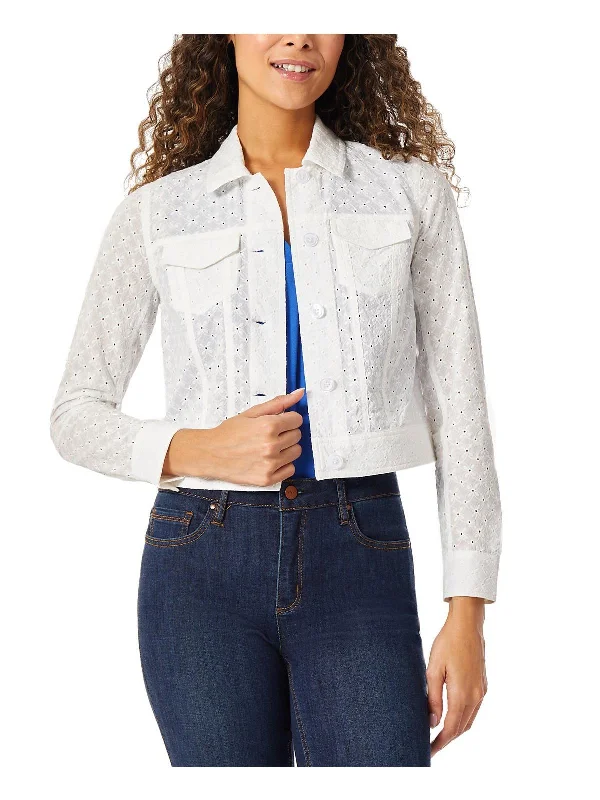 Petites Womens Eyelet Long Sleeve Trucker Jacket Layered Multi-layer Single Layer