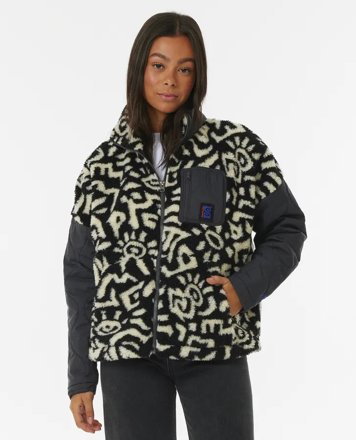 Anti-Series Zipped Fleece Jacket in Washed Black Print Jacquard Patchwork