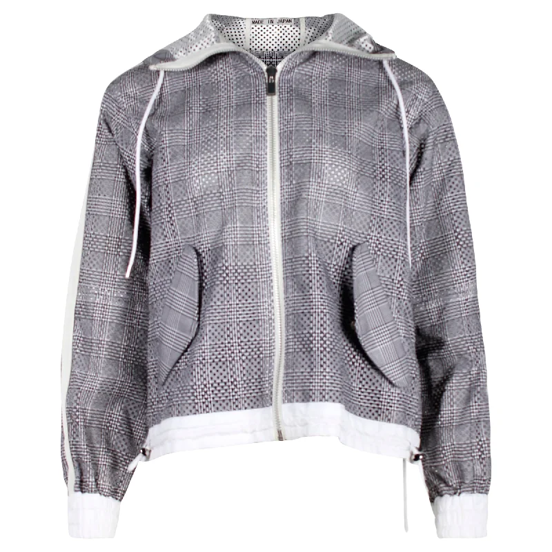 Sacai Checked Hooded Jacket in Grey Polyester Front Pockets Side Pockets Patch Pockets