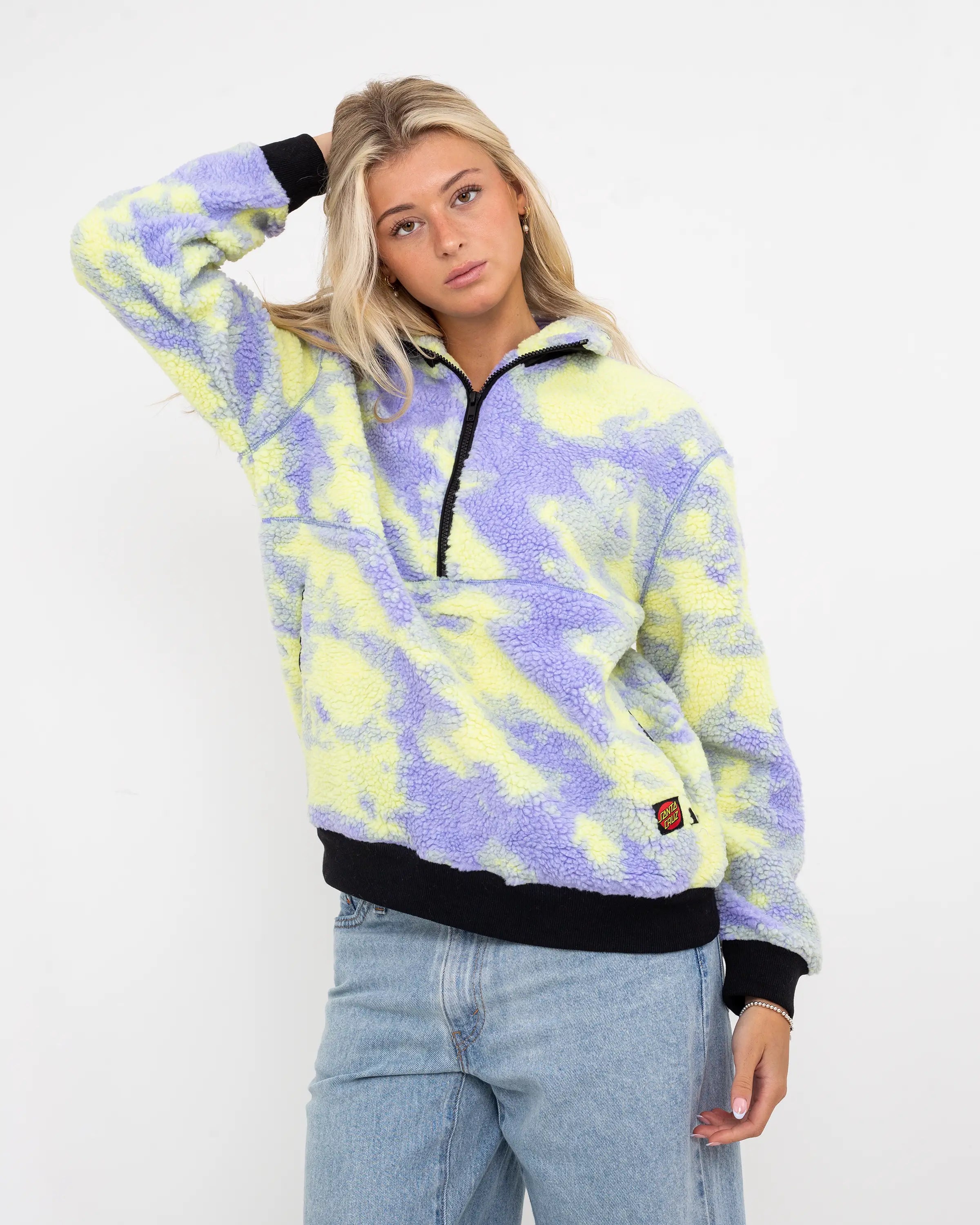 Astra Sherpa Fleece Jacket in Purple & Yellow Tie Dye Zippered Front Buttoned Front Snap Front