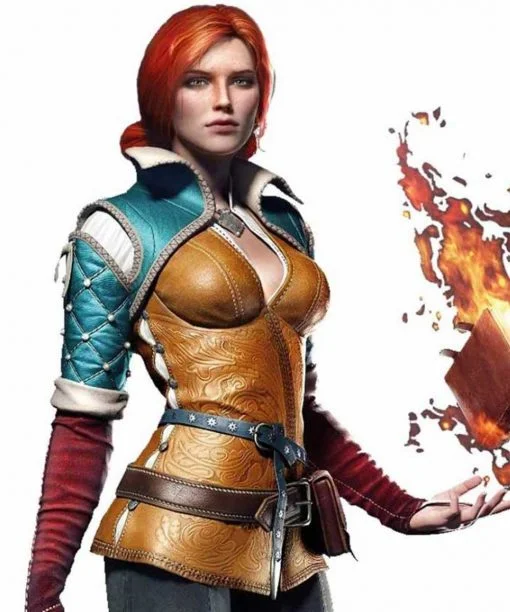 The Witcher 3 Triss Merigold Leather Jacket Collared T-Shirt Boat Neck A-Line