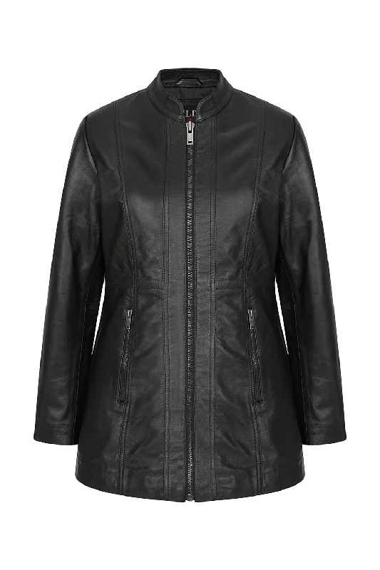 Women's Black Leather Hip-Length Jacket - Judith Cashmere Blend Cotton Blend Poly Blend