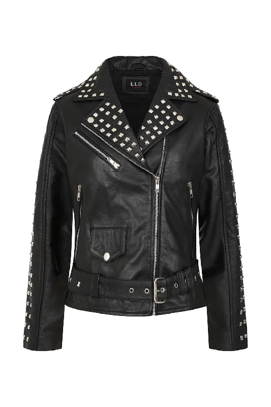 Women's Black Leather "Rock Chic" Jacket with Black Lining - Tatiana 2 Striped Floral Plaid