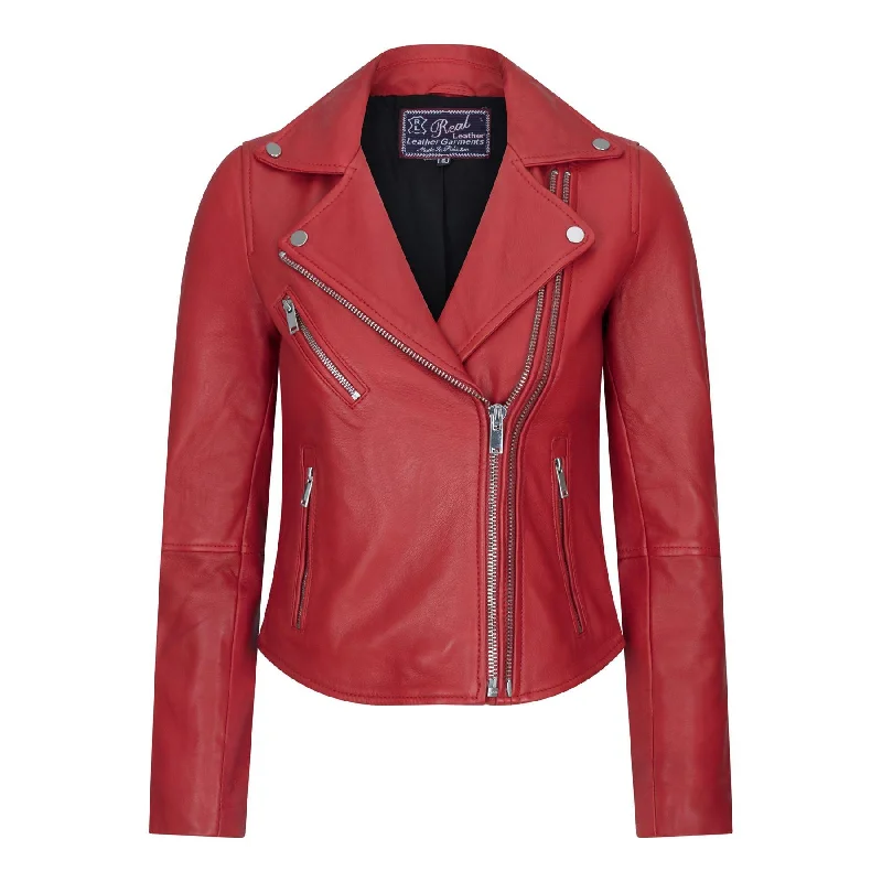 Womens Cross Zip Biker Real Leather Jacket Brando Red Black Retro Classic Motorcycle Terry Blend Velvet Blend Canvas Blend