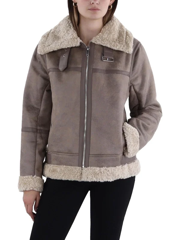 Womens Faux Fur Lined Cold Weather Leather Jacket Graphic T-Shirt Round Neck Polyester