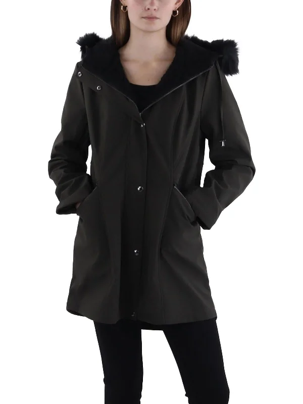 Womens Faux Fur Trim Hooded Anorak Jacket Boxy Fit Fitted Loose