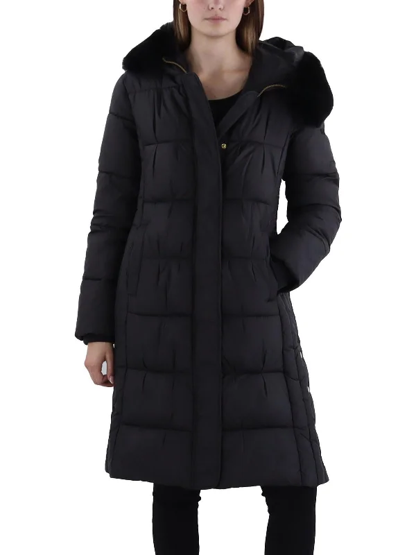 Womens Hooded Midi Puffer Jacket Houndstooth Herringbone Solid