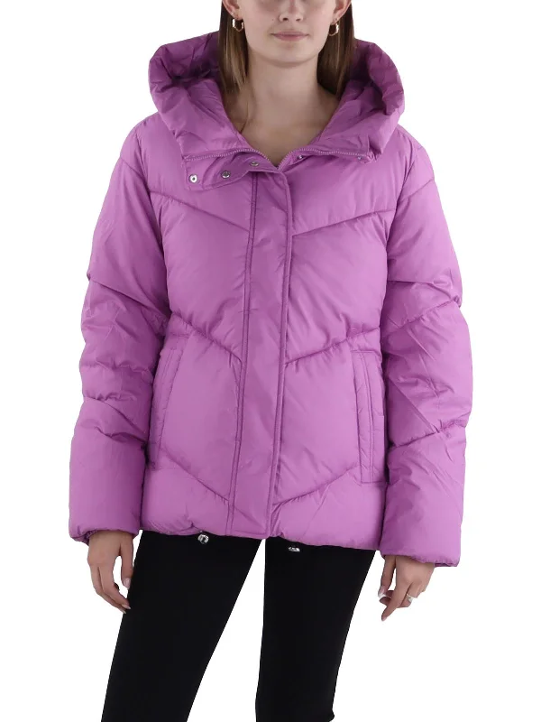 Womens Hooded Short Puffer Jacket Collared T-Shirt Boat Neck A-Line