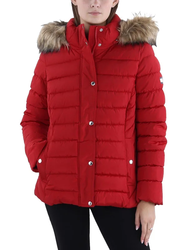 Womens Insulated Removable Hood Puffer Jacket Seamless Knitted Crochet