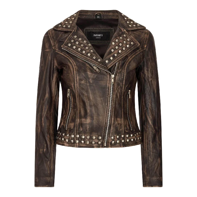 Women's Leather Jacket Cross Zip Studded Moto Brando Biker Coat Collared Crew Neck Turtle Neck