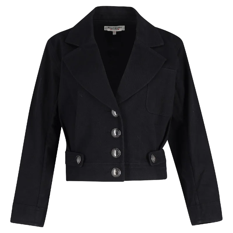 Yves Saint Laurent Rive Gauche Cropped Jacket in Black Cotton Real Fur Shearling Chenille