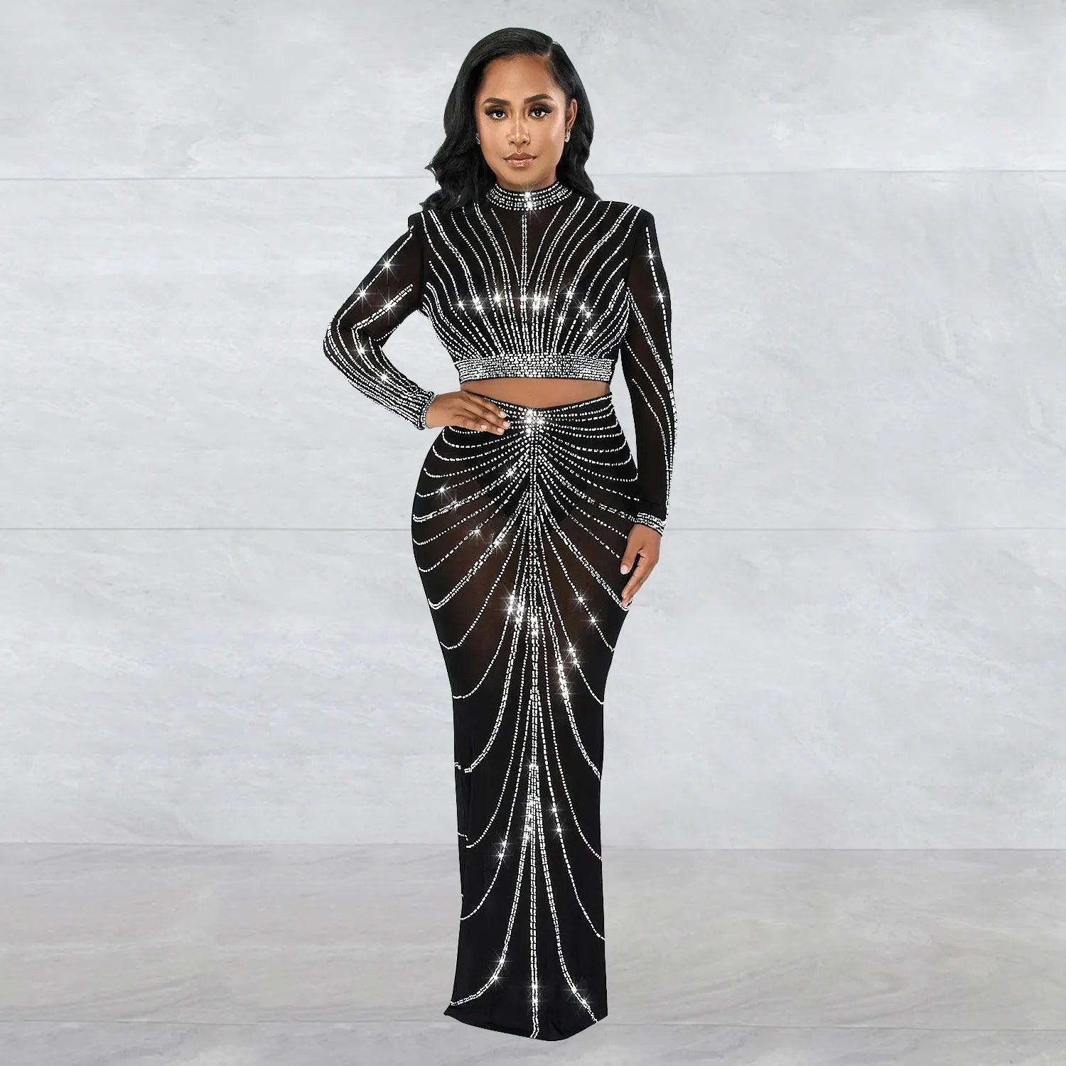 Elegant Rhinestone Mesh Maxi Dress: Glamorous Women's Clubwear Stylish Off-Shoulder Maxi Dress