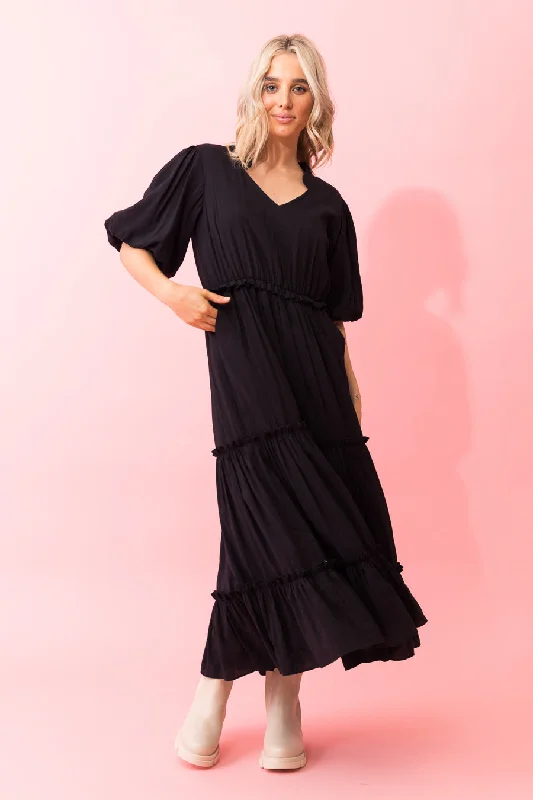 Amelia Cotton Maxi Dress Black Fashionable Maxi Dress with Fringe