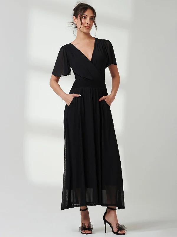 Angel Sleeve Mesh Maxi Dress, Black Cozy Open-Back Maxi Dress