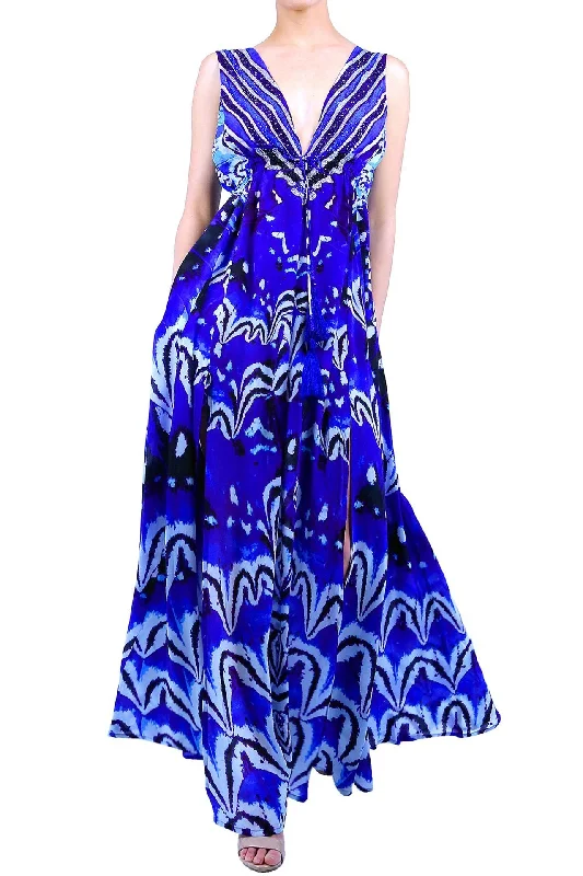 Annabella Butterfly Print Royal Blue Maxi Dress Stylish Pleated A-Line Maxi Dress