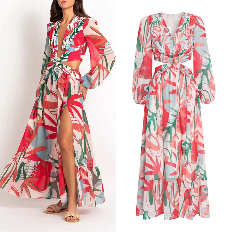 Printed V-Neck Puff Sleeve Cutout Maxi Dress Fashionable High-Low Maxi Dress