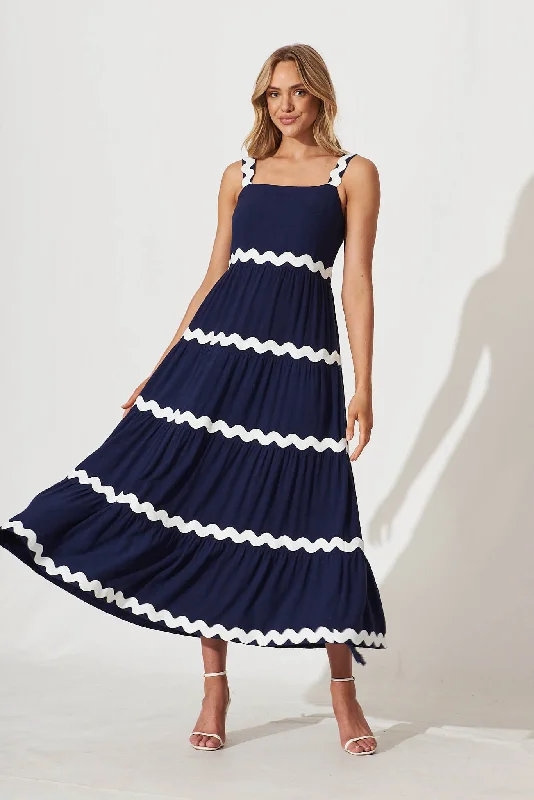 Bittersweet Maxi Dress In Navy And White Ric Rac Linen Blend Fashionable Off-Shoulder Maxi Dress