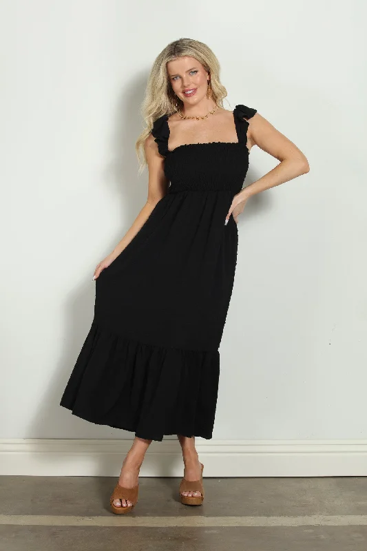 Black Airflow Smocked Tank Maxi Dress-FINAL SALE Elegant Maxi Dress with Belt