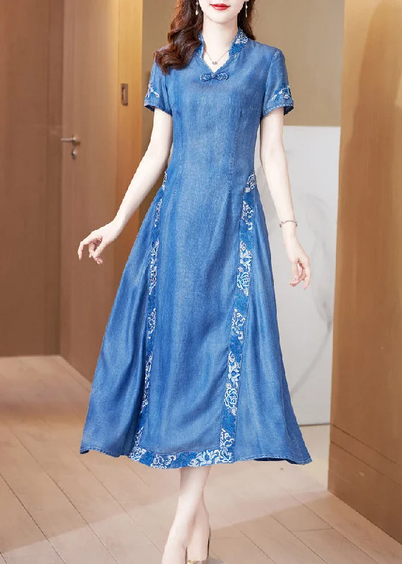 Bohemian Blue Stand Collar Embroideried Butto Silk Denim Maxi Dresses Short Sleeve Cozy Ruffle Sleeve Maxi Dress