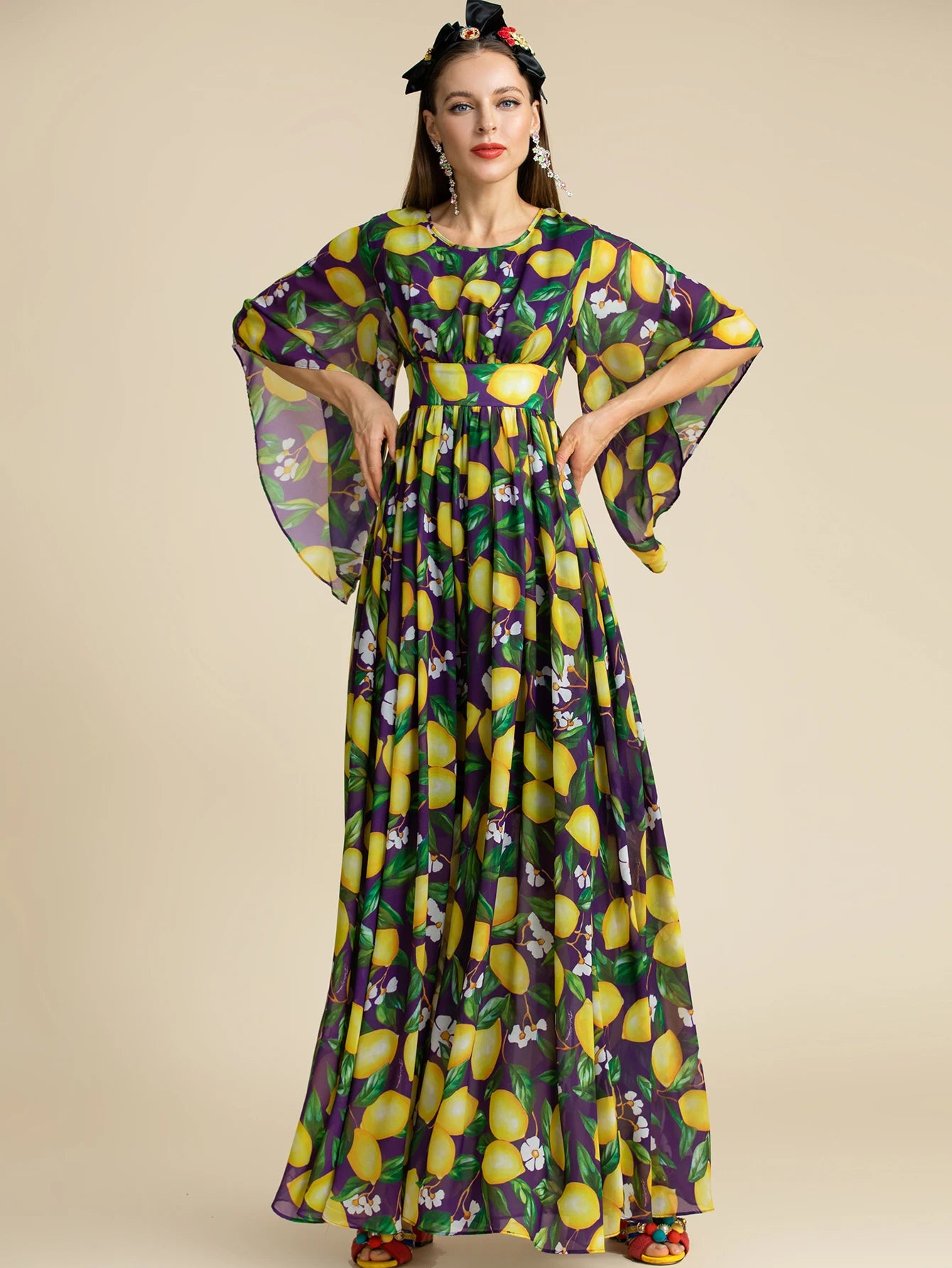 Bohemian Lemon Print Backless Maxi Dress Trendy Floral Print Maxi Dress