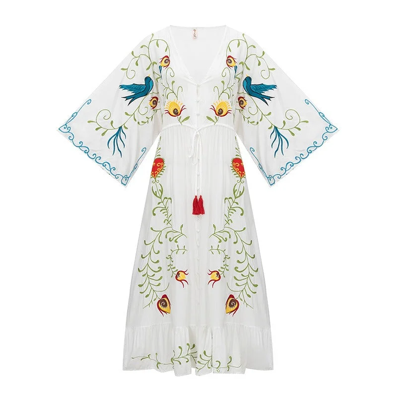 Boho Floral Embroidered Tie-Waist Maxi Dress Chic Summer Floral Maxi Dress