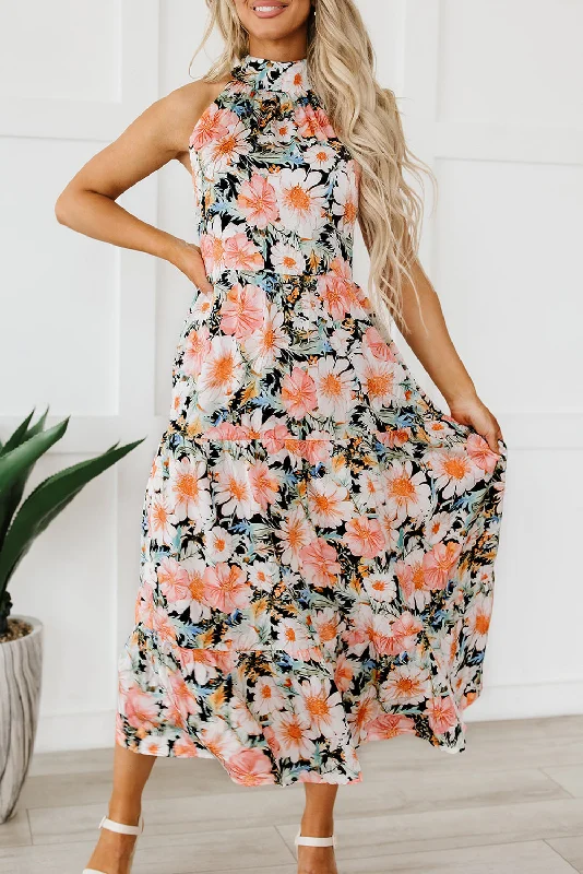 Boho Floral Knotted Halter Maxi Dress Stylish Maxi Dress with Pleats