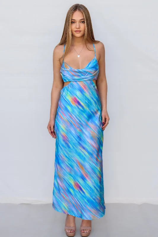 Britney Maxi Dress - Blue Rainbow Stripes Comfortable Cotton Maxi Dress