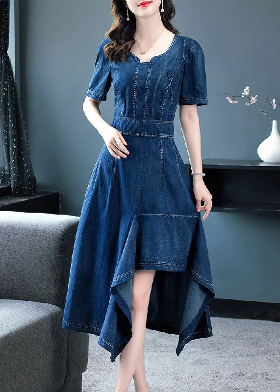 Classy Blue O-Neck Asymmetrical Patchwork Solid Cotton Holiday Denim Maxi Dress Short Sleeve Trendy Maxi Dress with Belt