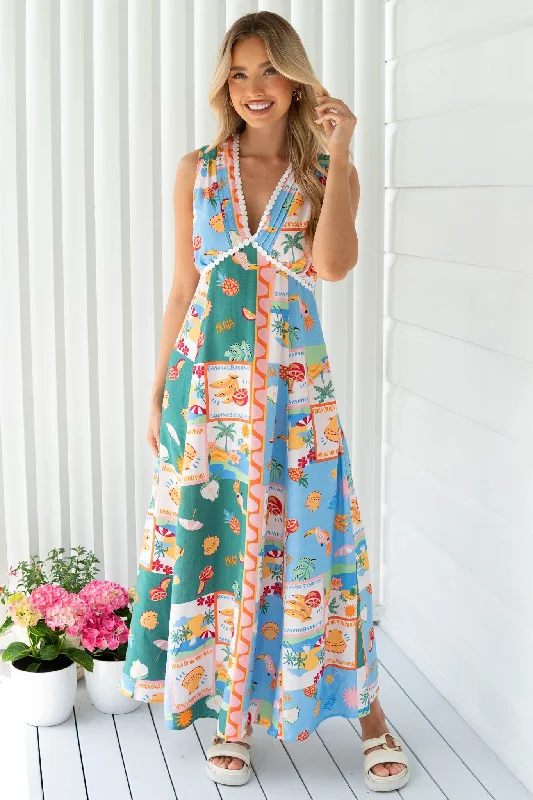 Coastal Print Maxi Dress Fashionable High-Waist Maxi Dress