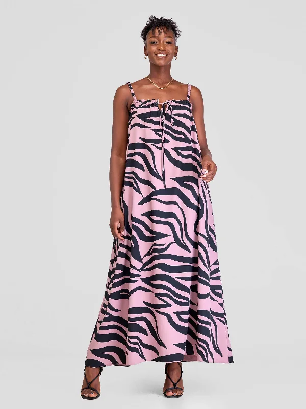 Vivo Situ Ruffle Neck Maxi Dress- Peach / Black Tiri Print Comfortable Flowy Maxi Dress