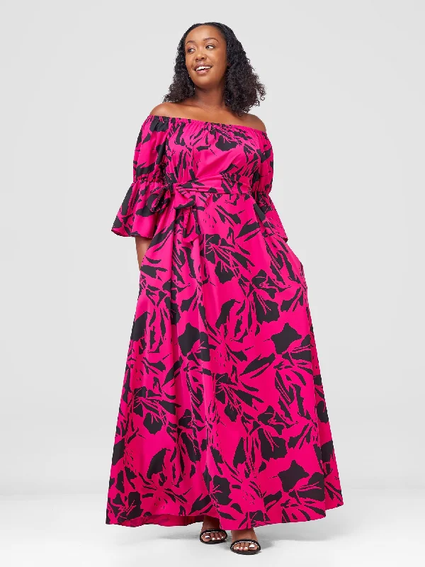 Vivo Tana Off Shoulder Maxi Dress - Fuschia / Black Lawi Print Trendy Button Front Maxi Dress