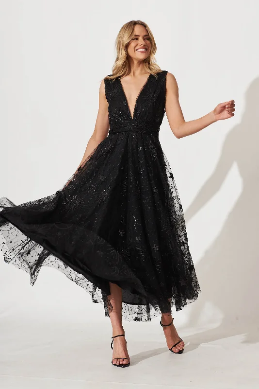 Dazzle Maxi Dress In Black Sequin Tulle Elegant Floral Maxi Dress