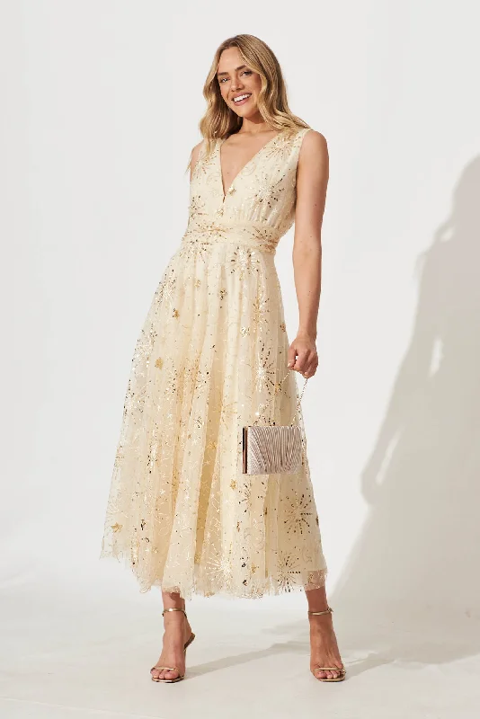 Dazzle Maxi Dress In Gold Sequin Tulle Trendy Satin Maxi Dress