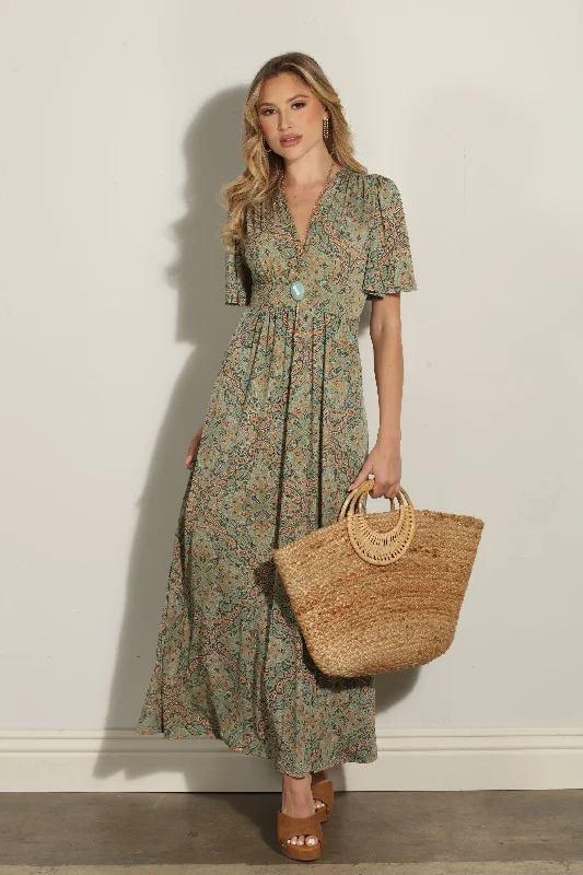 Neema Stretch Deep V Flutter Sleeve Maxi Dress-FINAL SALE Chic Summer Maxi Dress