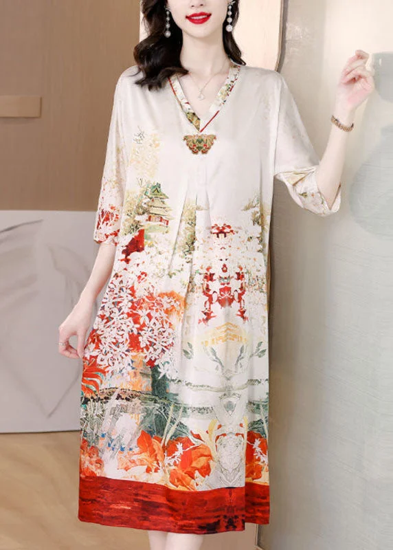 Fine White V Neck Print Side Open Silk Maxi Dress Half Sleeve Stylish Maxi Dress with Pleats