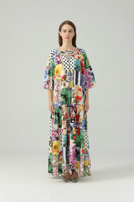 Floral Tie-Neck Flare Sleeve Maxi Dress Comfortable Bohemian Maxi Dress