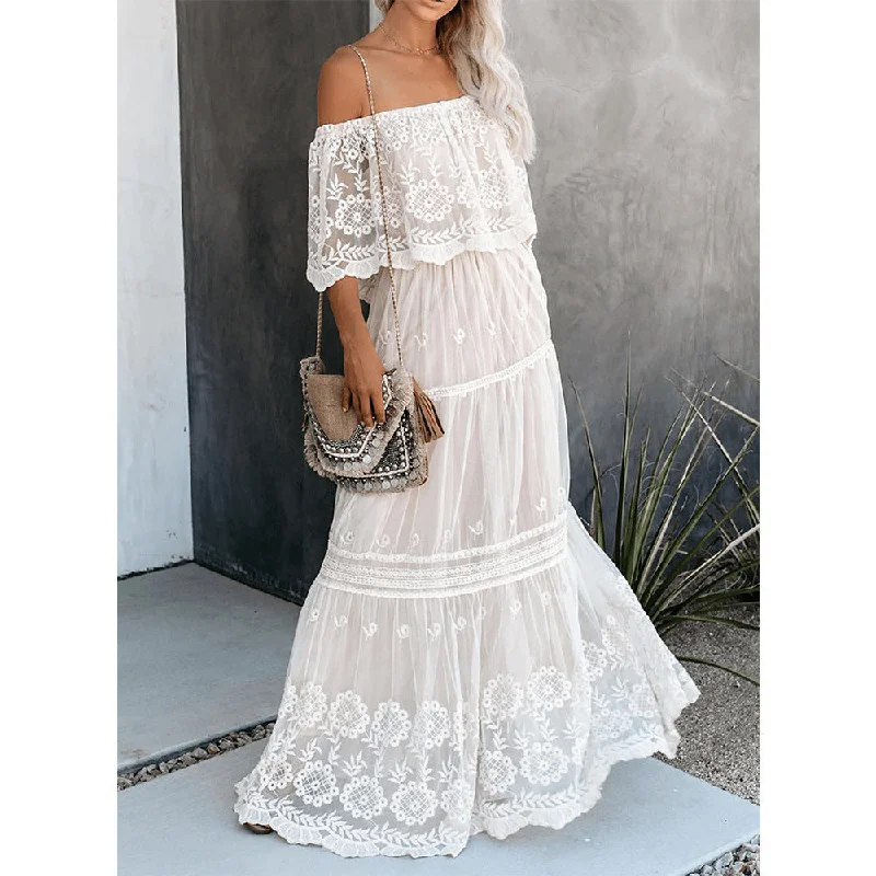 Flower Child Off The Shoulder Lace Maxi Dress Stylish Button-Up Maxi Dress