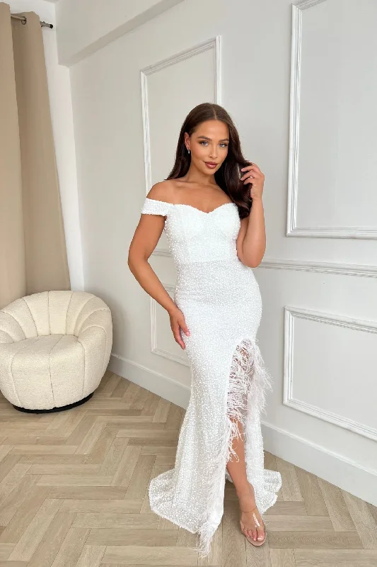 Galaxy White Luxe Sequin Embellished Off The Shoulder Bardot Feather Slit Maxi Dress Stylish Boho Maxi Dress