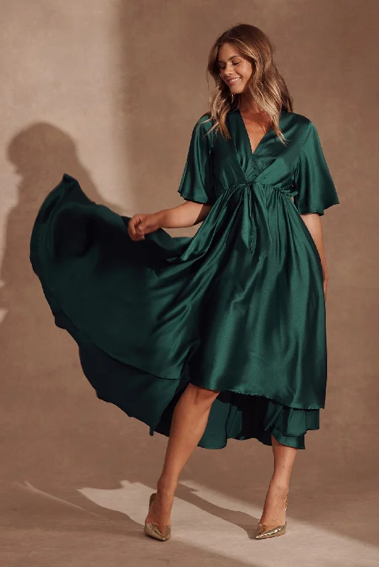 Helsinki Maxi Dress In Emerald Green Satin Elegant Silk Maxi Dress