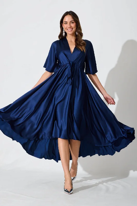 Helsinki Maxi Dress In Navy Satin Fashionable Maxi Dress with Fringe