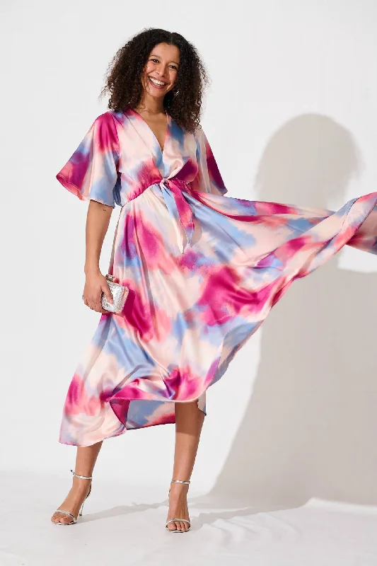 Helsinki Maxi Dress In Pink And Blue Watercolour Satin Trendy Off-Shoulder Ruffle Maxi Dress