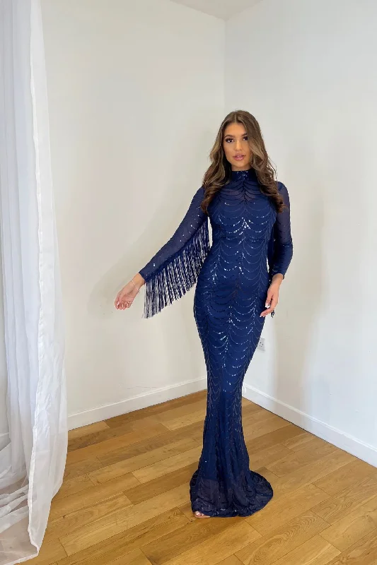 Hypnotic Navy Luxe VIP Tassel Fringe Sequin Embellished Illusion Long Sleeve Maxi Dress Trendy Fit-and-Flare Maxi Dress