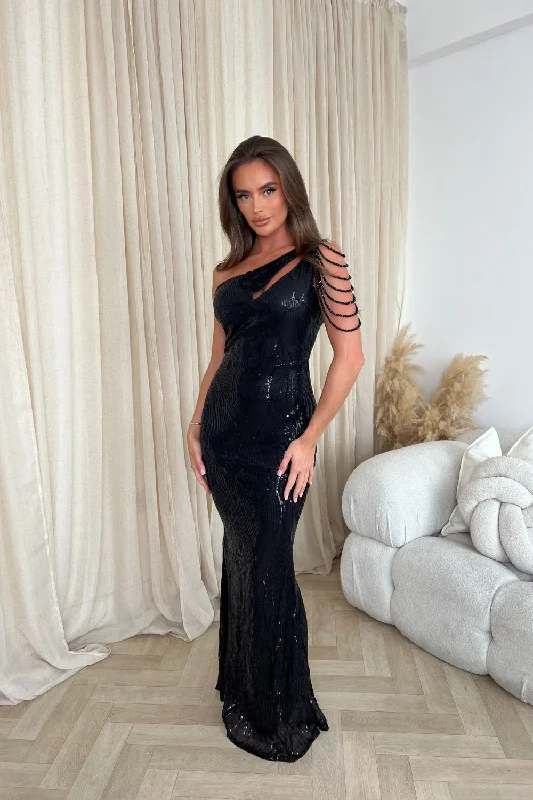 Impress Luxe Black One Shoulder Beaded Fringe Sequin Embellished Illusion Maxi Dress Comfortable Maxi Dress with Sleeves