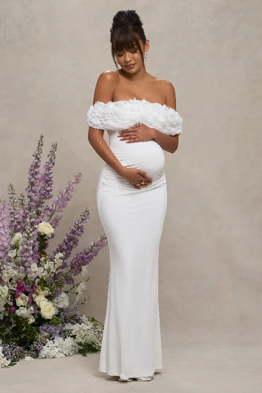 Inflorescence | White Mesh Floral Bardot Maternity Maxi Dress Stylish One-Shoulder Maxi Dress