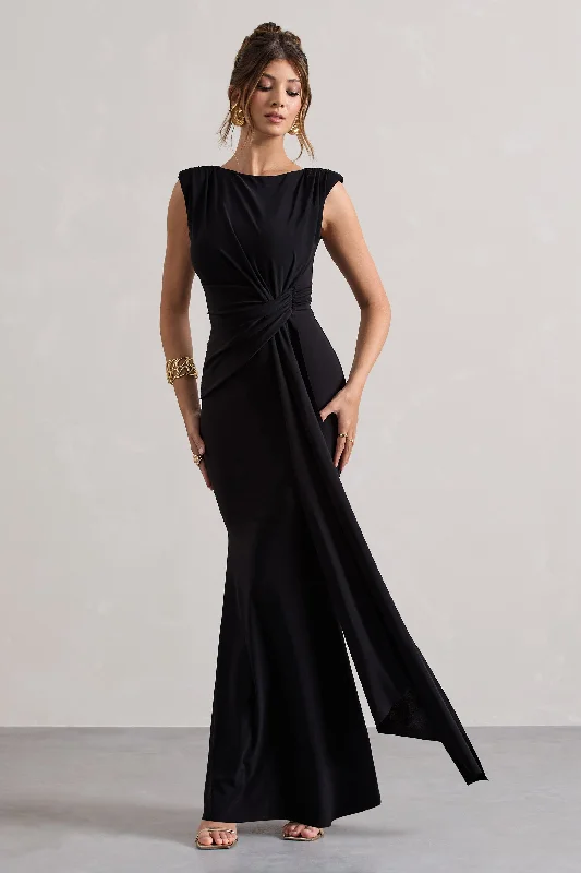 Kadie | Black Sleeveless Gathered Maxi Dress With Drape Fashionable Sleeveless Maxi Dress