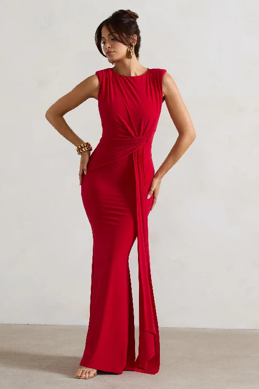 Kadie | Red Sleeveless Gathered Maxi Dress With Drape Trendy Printed Maxi Dress