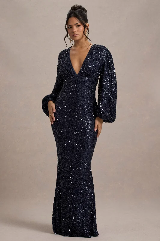 Kaelin | Navy Sequin Plunge-Neck Maxi Dress Cozy Maxi Dress with Slit